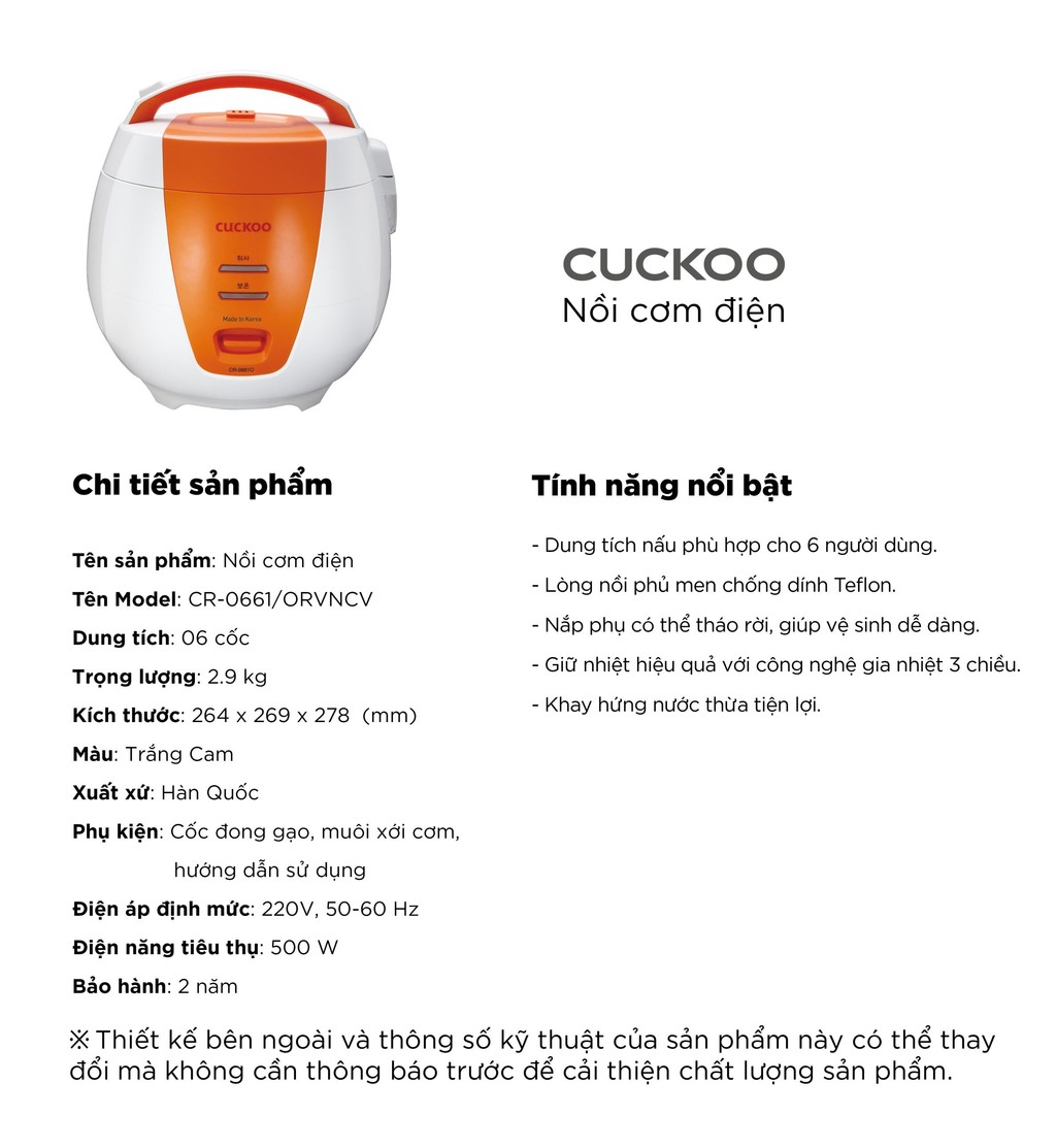 Mô tả Nồi cơm điện Cuckoo 1L CR-0661- màu cam - Lòng nồi chống dính - Phiên bản quốc tế tiếng Anh- Hàng chính hãng - 2