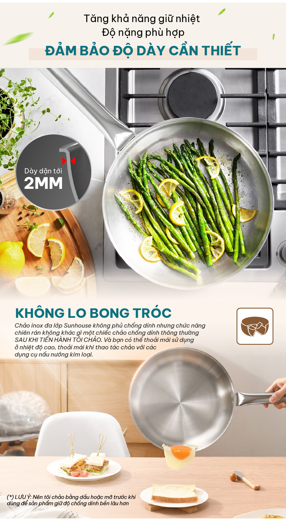Mô tả Chảo inox 304 đa lớp Sunhouse IN20-24-26M7E - 3 lớp inox liền khối - Dùng mọi loại bếp - 4