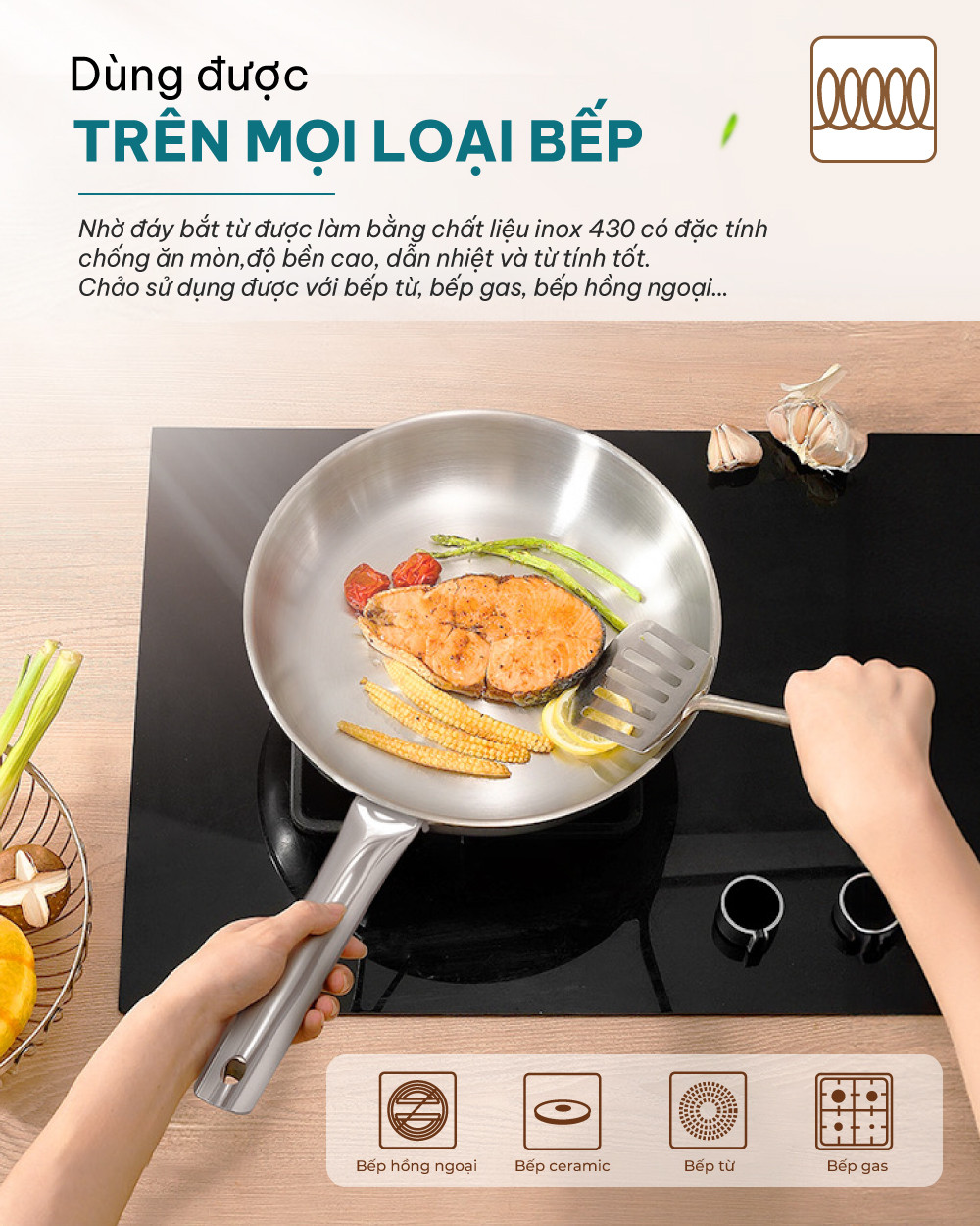 Mô tả Chảo inox 304 đa lớp Sunhouse IN20-24-26M7E - 3 lớp inox liền khối - Dùng mọi loại bếp - 5
