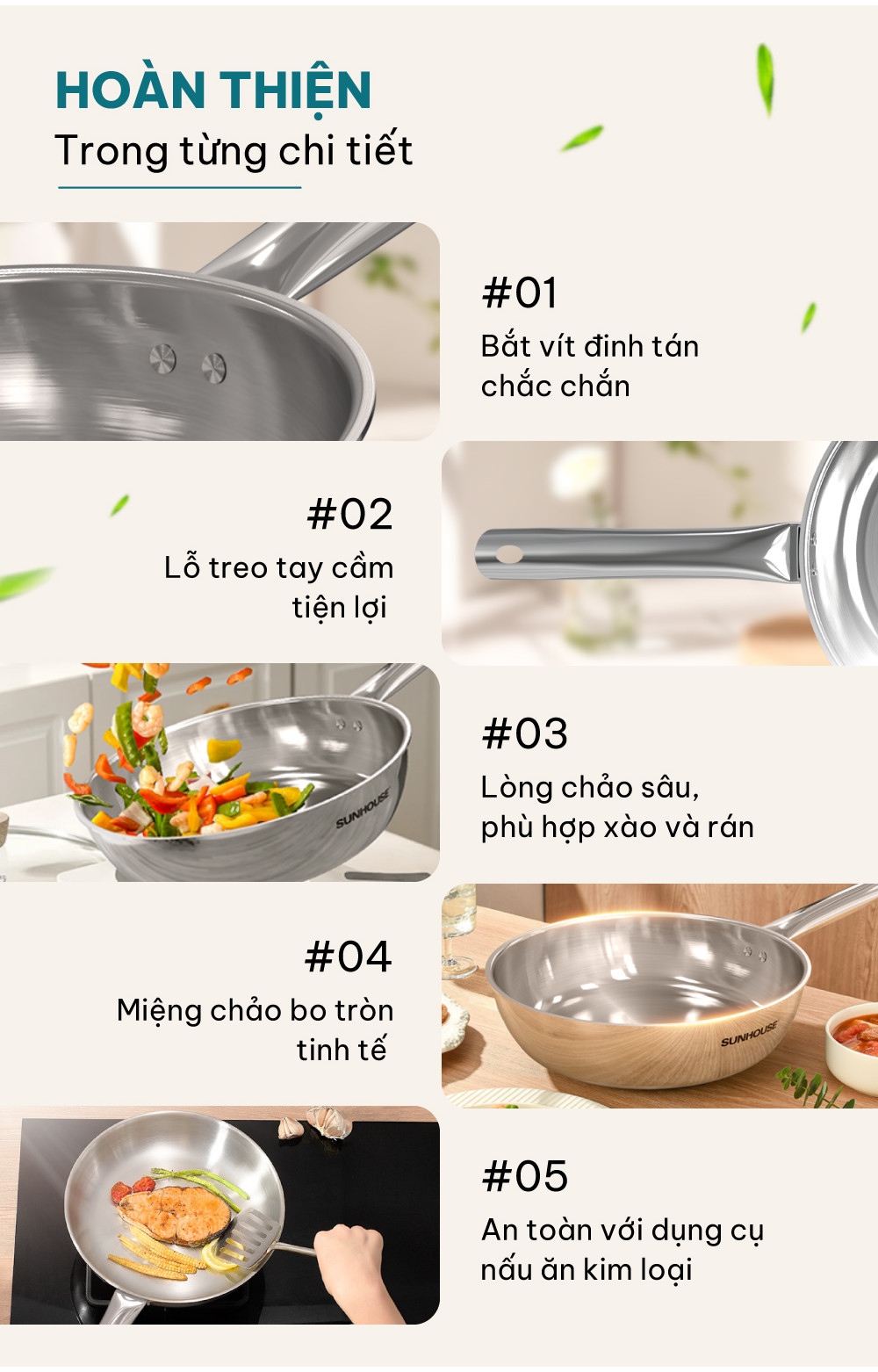 Mô tả Chảo inox 304 đa lớp Sunhouse IN20-24-26M7E - 3 lớp inox liền khối - Dùng mọi loại bếp - 7