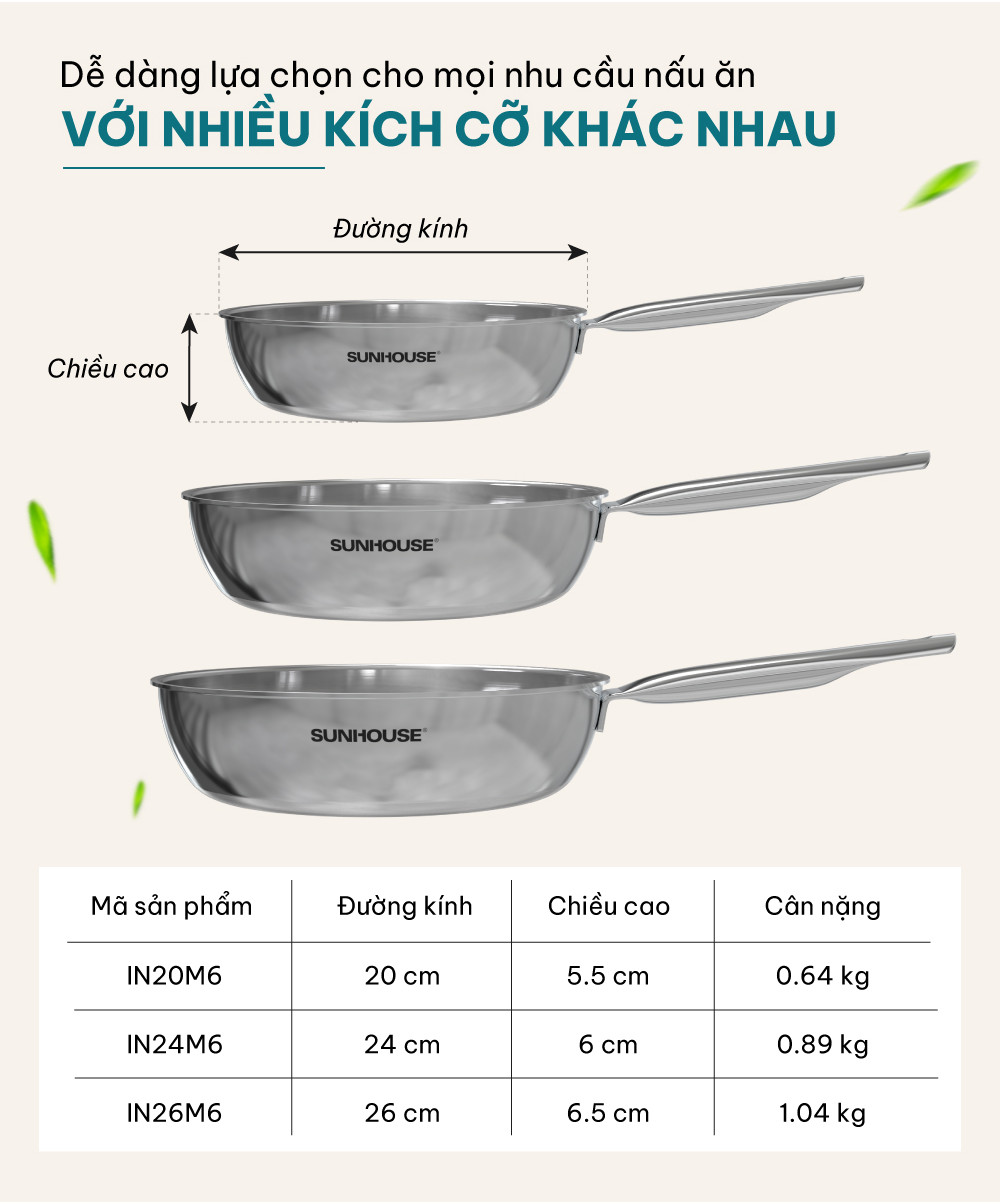 Mô tả Chảo inox 304 đa lớp Sunhouse IN20-24-26M7E - 3 lớp inox liền khối - Dùng mọi loại bếp - 8