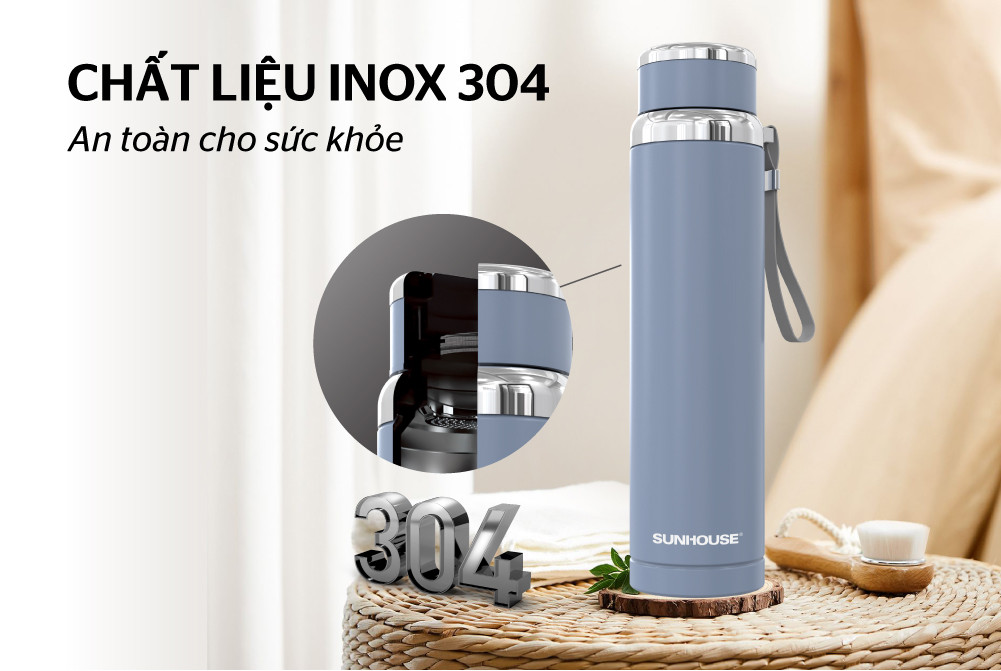 Mô tả Bình giữ nhiệt Flexi Sunhouse 920 ml Sunhouse KS-TU920 -Inox 304 - Giữ nóng & lạnh tới 6h - Quai xách mềm tiện lợi - 1