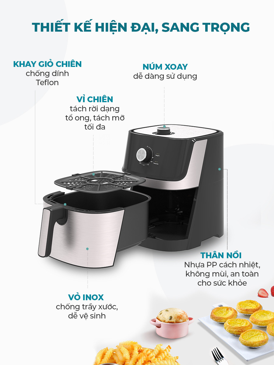 Mô tả Nồi chiên không dầu 6L Sunhouse SHD4027 - Chiên gà vịt nguyên con - Hẹn giờ tới 60 phút, tự ngắt khi quá nhiệt - 2
