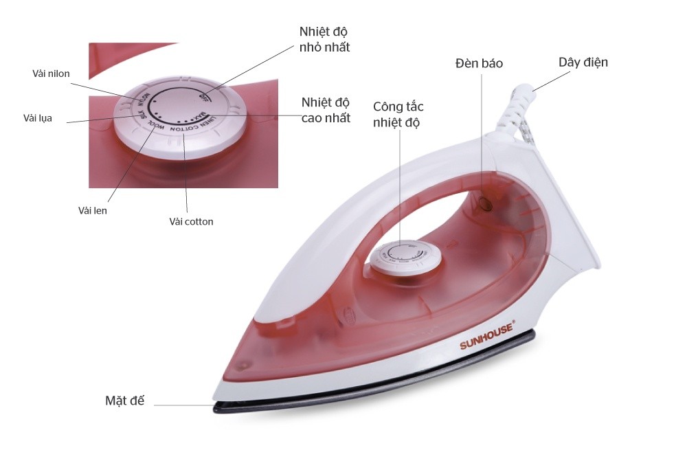 Mô tả Bàn ủi, bàn là khô SUNHOUSE SHD1072 - Thân nhựa chịu nhiệt - Đèn báo hoạt động - Bề mặt chống dính - Bảo hành 12 tháng - 1