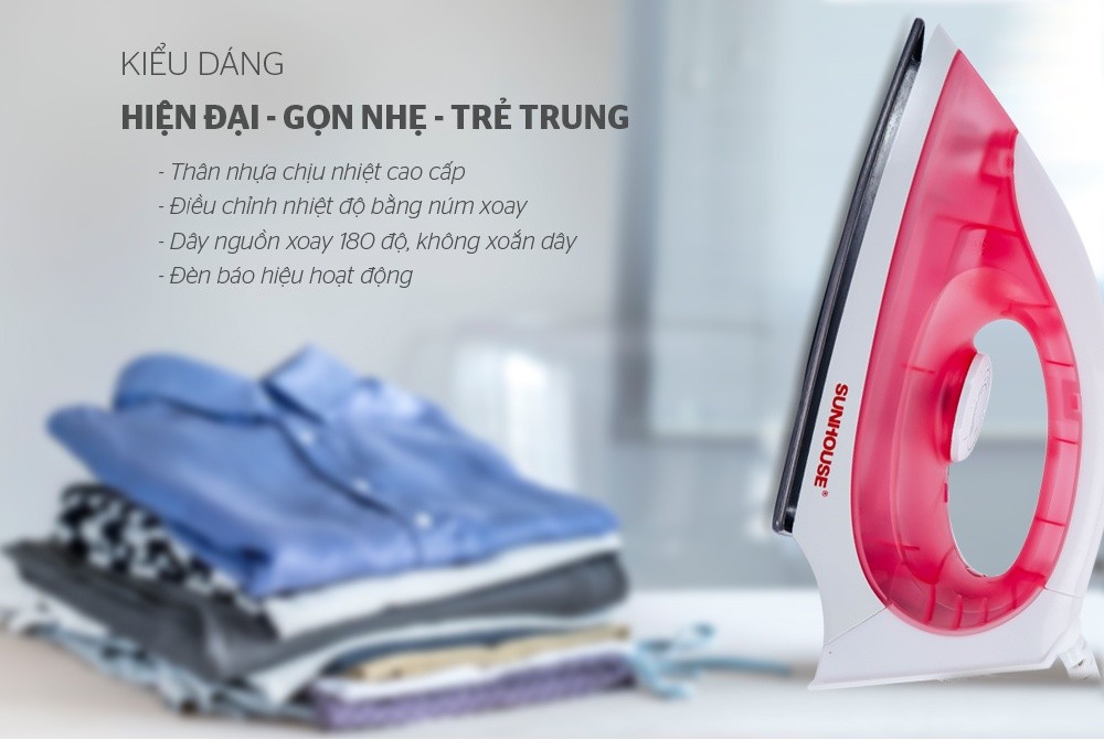 Mô tả Bàn ủi, bàn là khô SUNHOUSE SHD1072 - Thân nhựa chịu nhiệt - Đèn báo hoạt động - Bề mặt chống dính - Bảo hành 12 tháng - 2