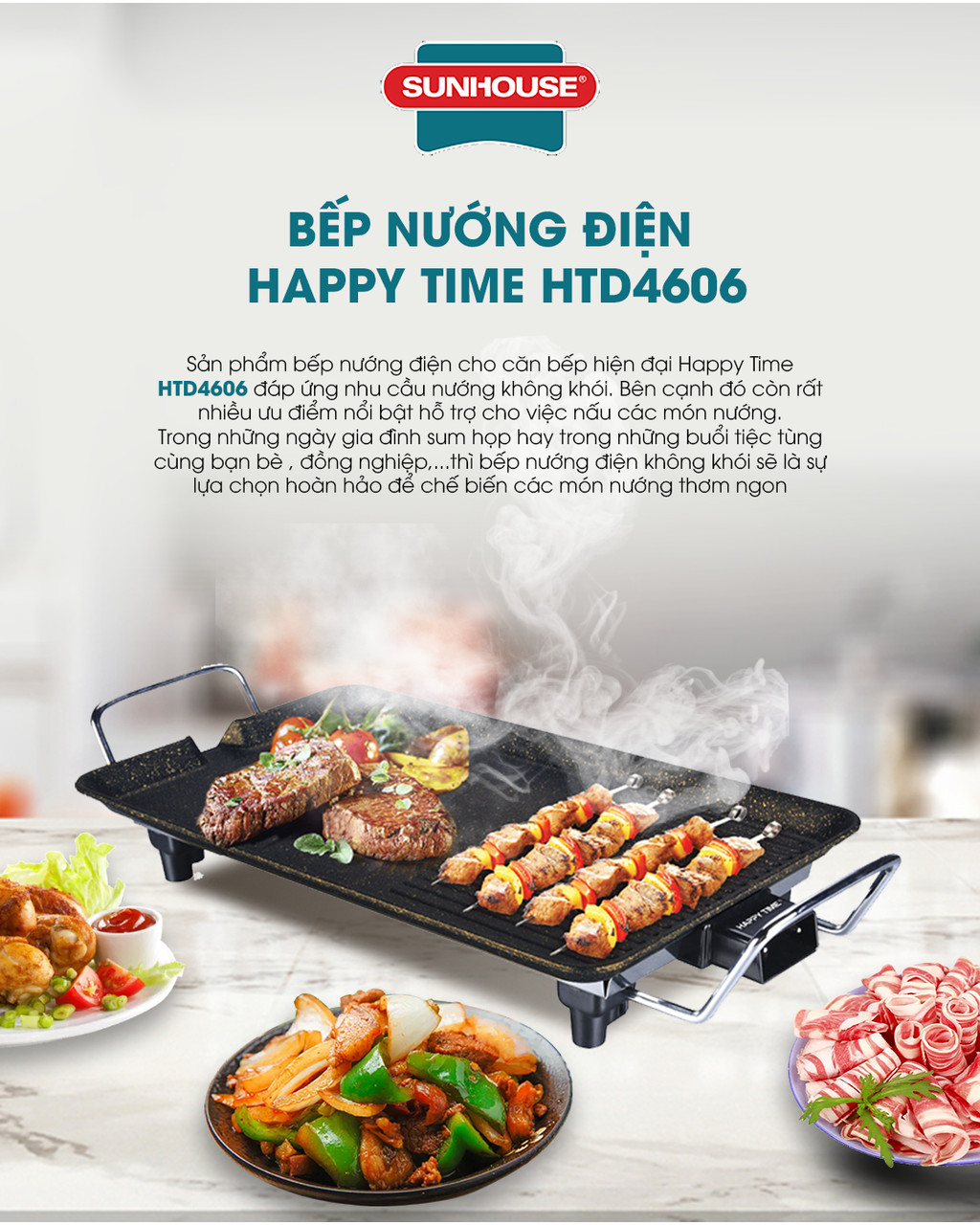 Mô tả Bếp nướng điện SUNHOUSE Happy Time HTD4606 - Mặt chống dính - ĐIều chỉnh núm xoay - Bảo hành 12 tháng - 1