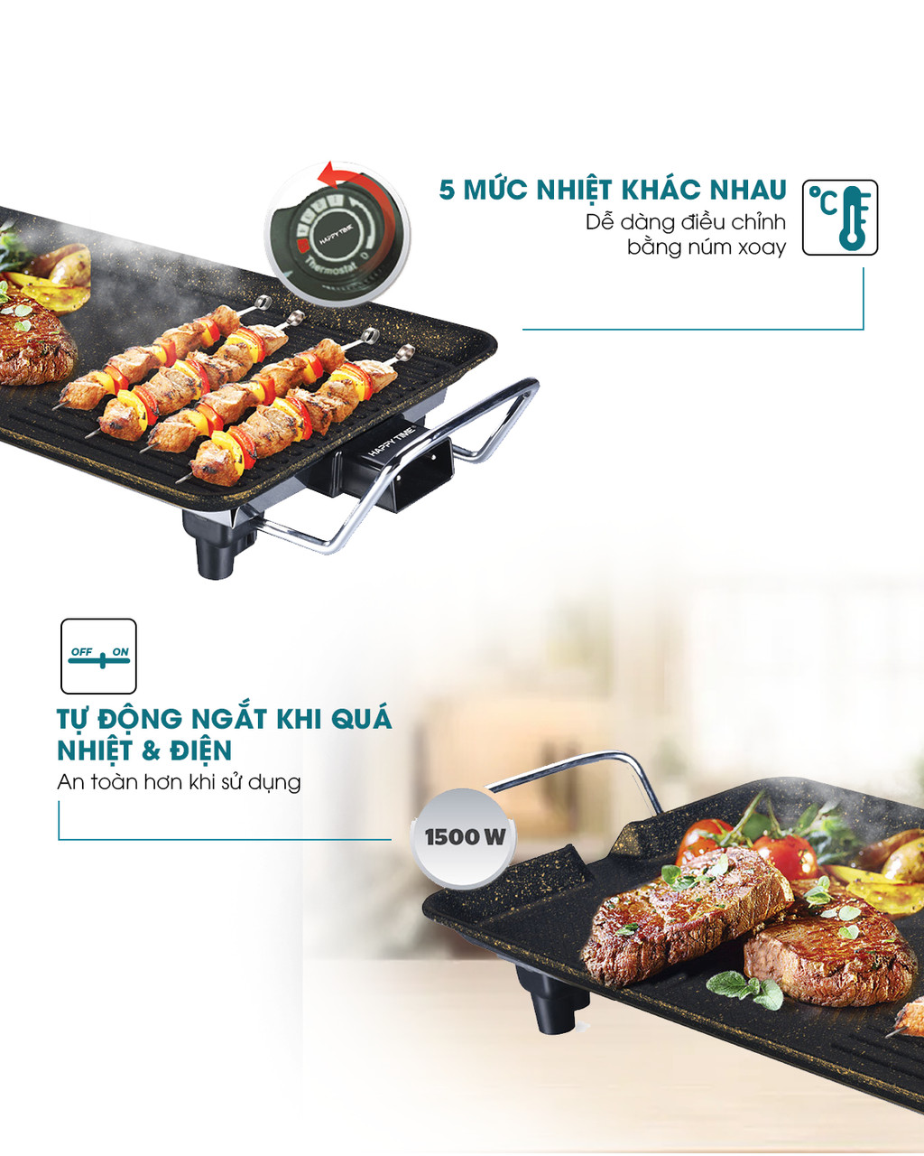 Mô tả Bếp nướng điện SUNHOUSE Happy Time HTD4606 - Mặt chống dính - ĐIều chỉnh núm xoay - Bảo hành 12 tháng - 3