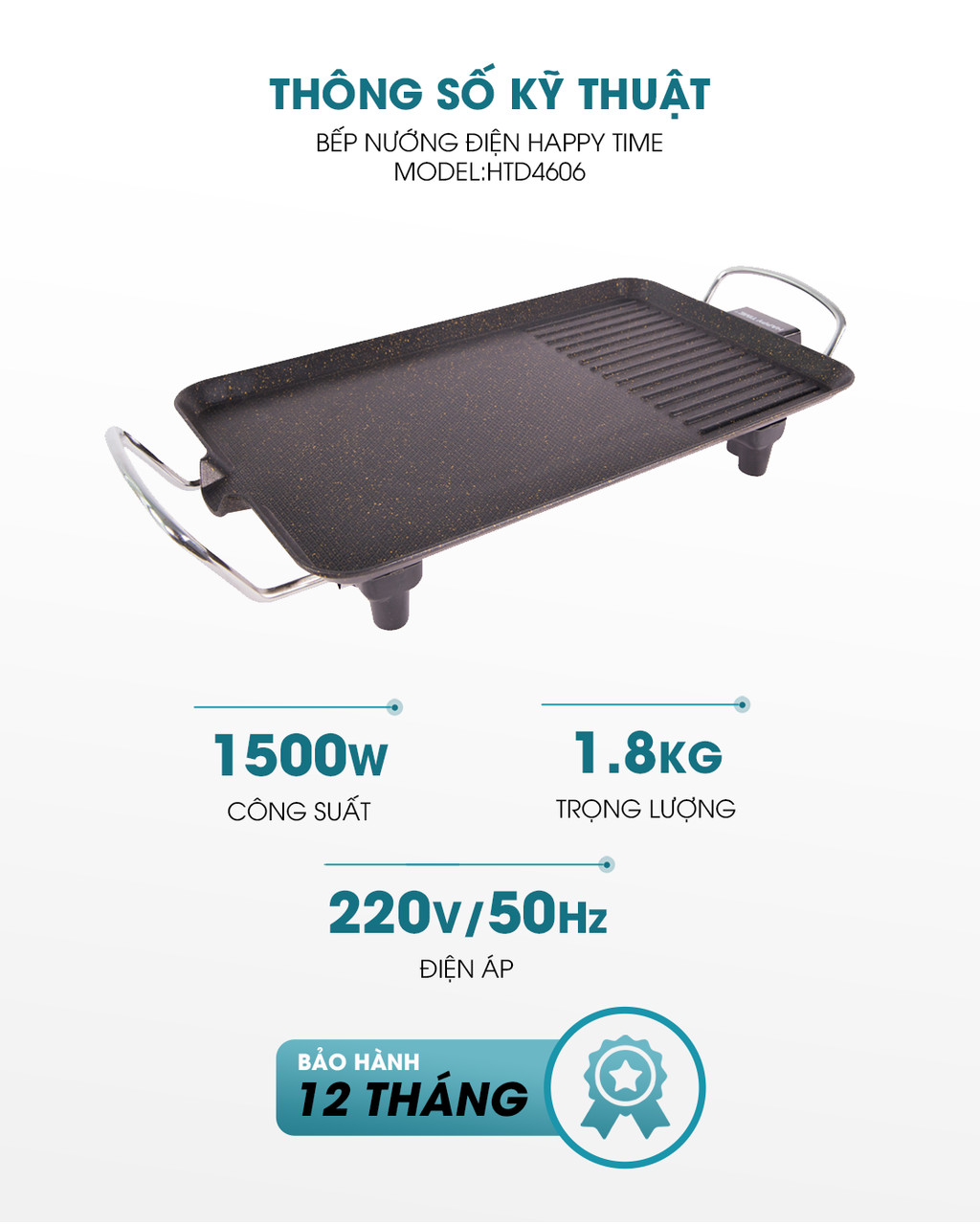 Mô tả Bếp nướng điện SUNHOUSE Happy Time HTD4606 - Mặt chống dính - ĐIều chỉnh núm xoay - Bảo hành 12 tháng - 4