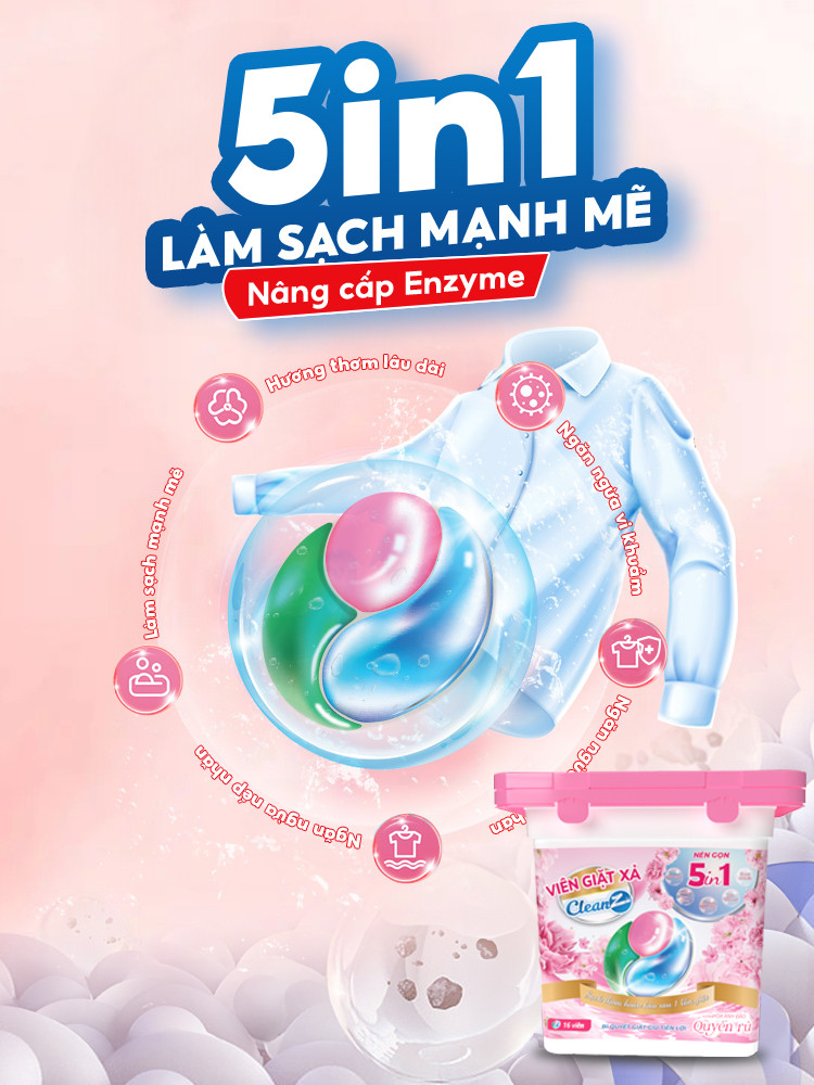 Mô tả Combo 3 túi/hộp viên giặt thơm CleanZ giặt sạch diệt khuẩn tiện lợi 5 trong 1 (16 viên) Hương Hoa Đào Thơm Mát - 1