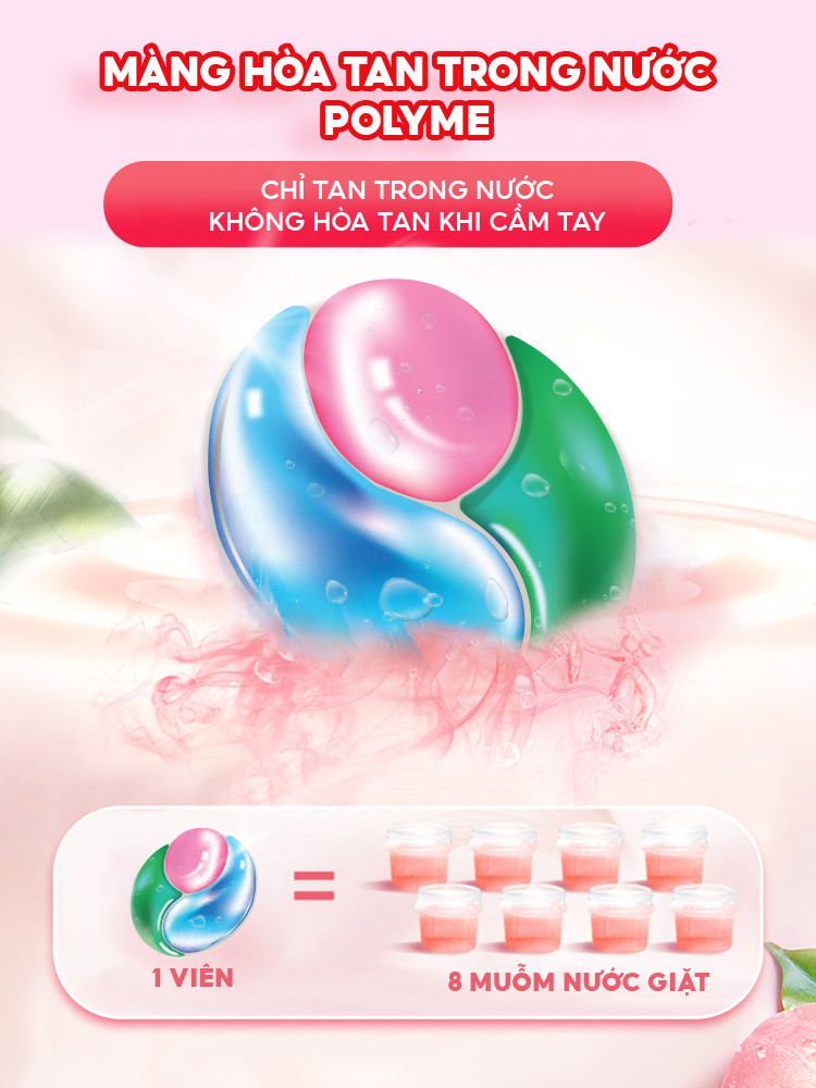 Mô tả Combo 3 túi/hộp viên giặt thơm CleanZ giặt sạch diệt khuẩn tiện lợi 5 trong 1 (16 viên) Hương Hoa Đào Thơm Mát - 3