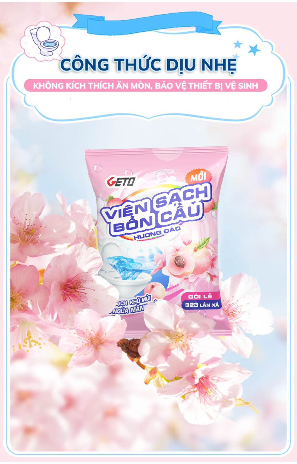 Mô tả Viên sạch bồn cầu Geto Hương Đào viên thả bồn cầu sạch khuẩn, tẩy sạch mảng bám, khử mùi diệt vi khuẩn - 2