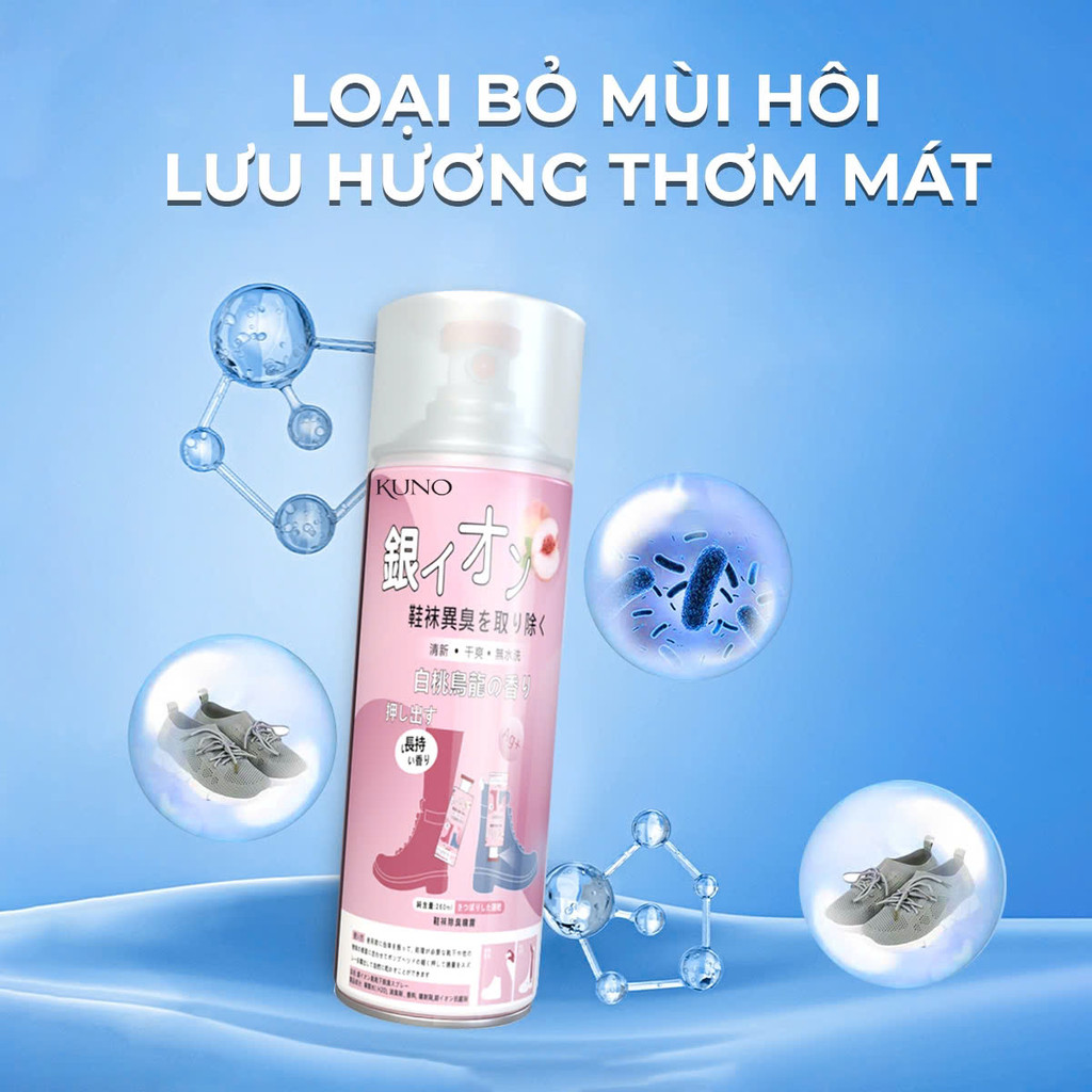 Mô tả Chai xịt khử mùi giày dép, chống hôi chân nano bạc KUNO dung tích 260ml - 1