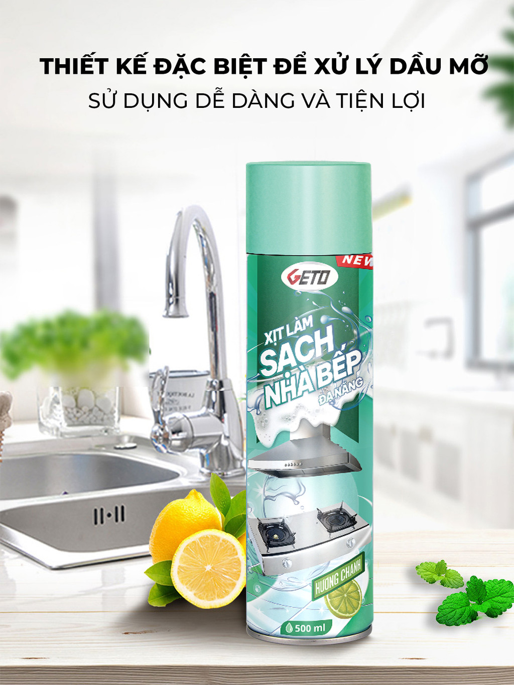 Mô tả Bình xịt tẩy dầu mỡ nhà bếp GETO 500ml đánh bay vết bẩn cứng đầu trên xoong nồi, tường gạch, lưới máy hút mùi - 1
