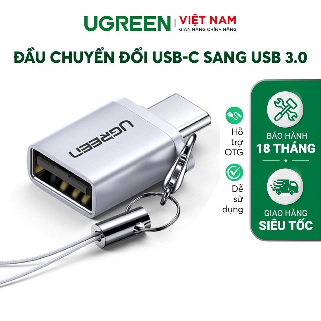 Mô tả Đầu chuyển đổi cổng USB 3.0 sang Type C đực UGREEN US270 | Hỗ trợ OTG | Có dây gắn móc treo chìa khóa| Bảo Hành 18 Tháng - 2