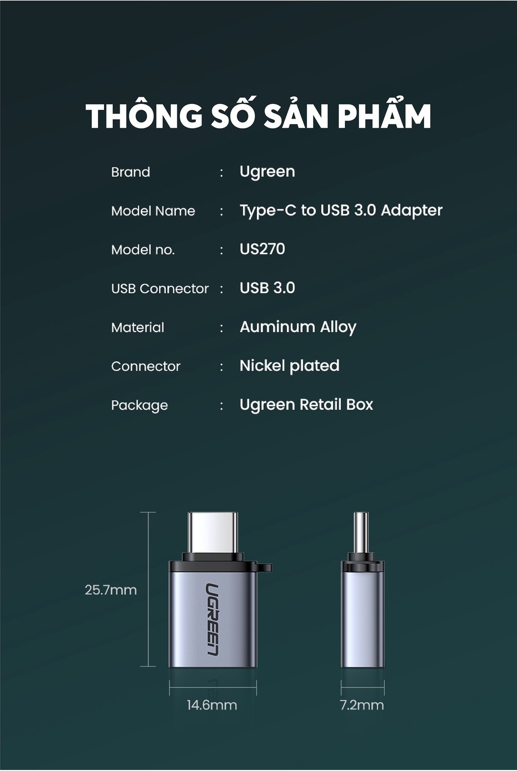 Mô tả Đầu chuyển đổi cổng USB 3.0 sang Type C đực UGREEN US270 | Hỗ trợ OTG | Có dây gắn móc treo chìa khóa| Bảo Hành 18 Tháng - 5