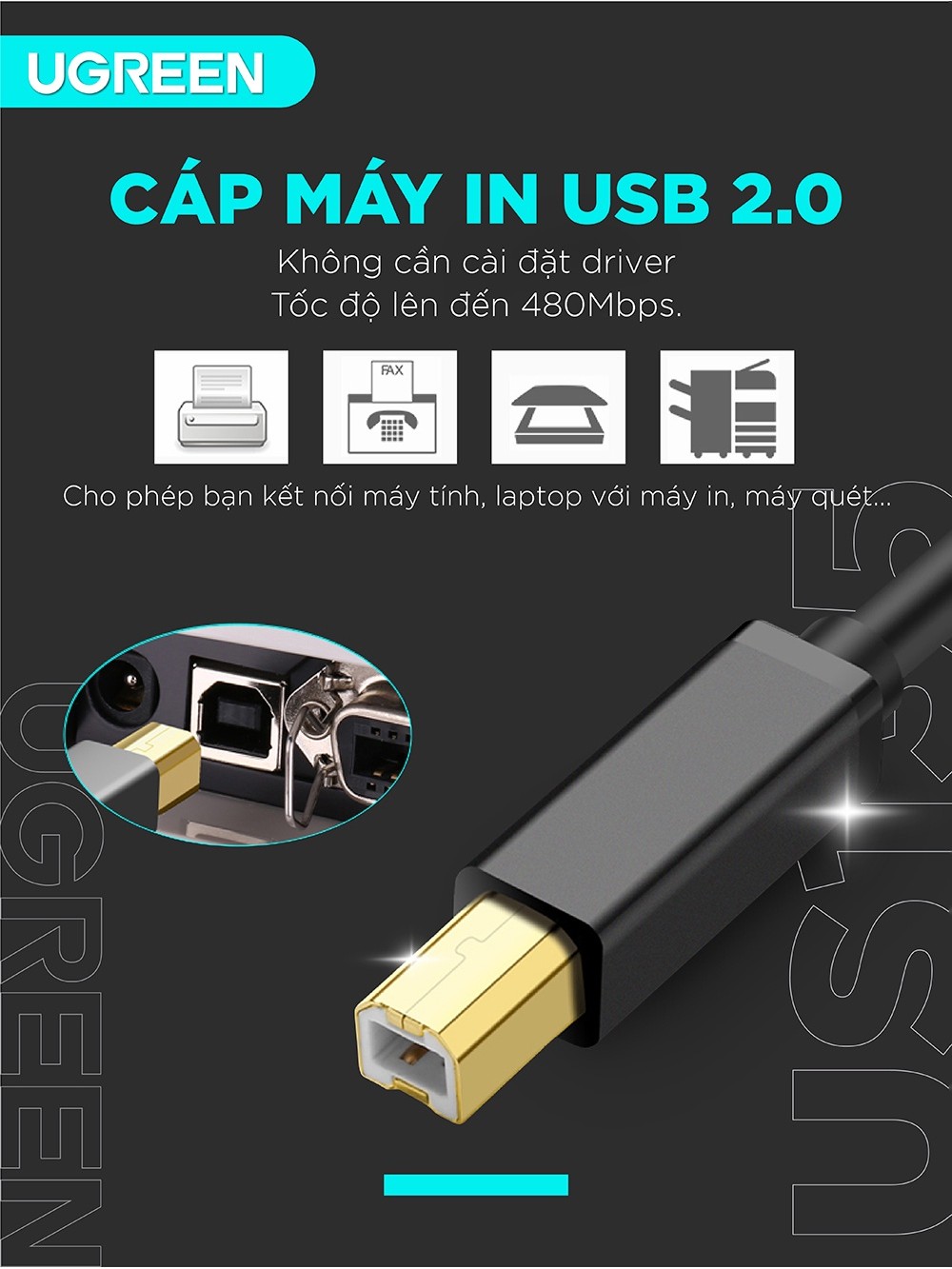 Mô tả Dây máy in USB 2.0 chuẩn A đực sang chuẩn B đực UGREEN US135 | 3 lớp chống nhiễu | Tốc độ truyền dữ liệu 480Mbps - 3