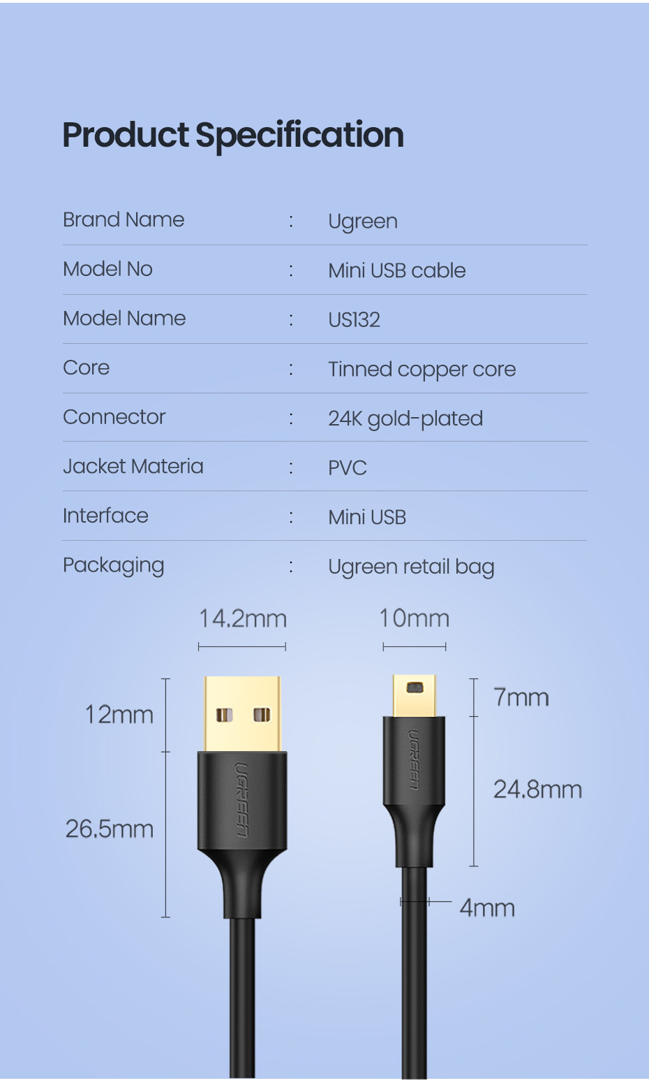 Mô tả Cáp sạc USB 2.0 sang mini USB UGREEN US132 | Hỗ trợ tốc độ 480Mbps | Đầu cáp mạ vàng | Bảo Hành 18 Tháng 1 Đổi 1 - 11