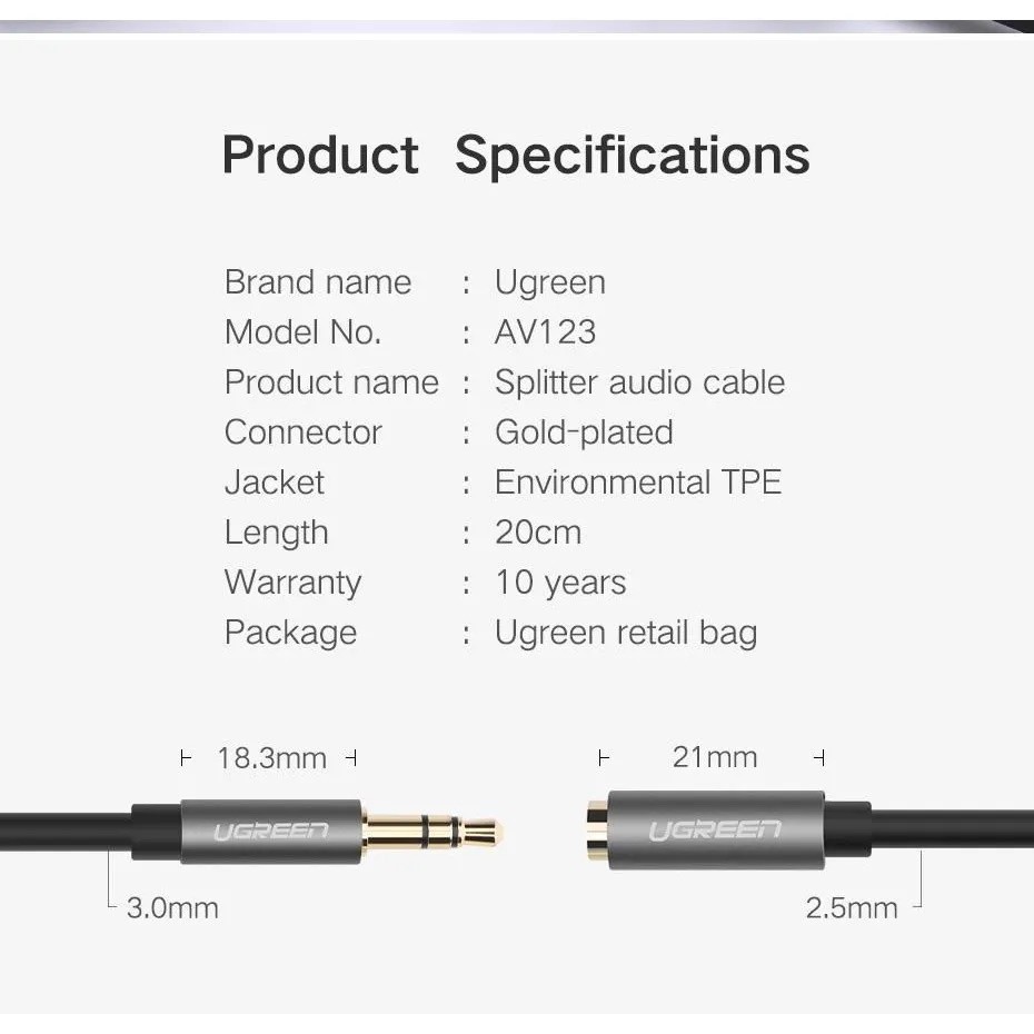 Mô tả Dây cáp Audio 3.5mm chia 2 tai nghe, đầu nhôm UGREEN AV191 - 7