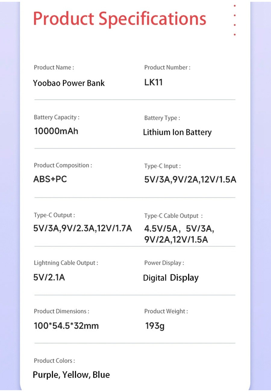 Mô tả Sạc dự phòng Yoobao LK11 10000mAh 22,5W | Màn hình LED | Tích hợp cáp sạc Type C & Lightning | Bảo hành 12 tháng - 10