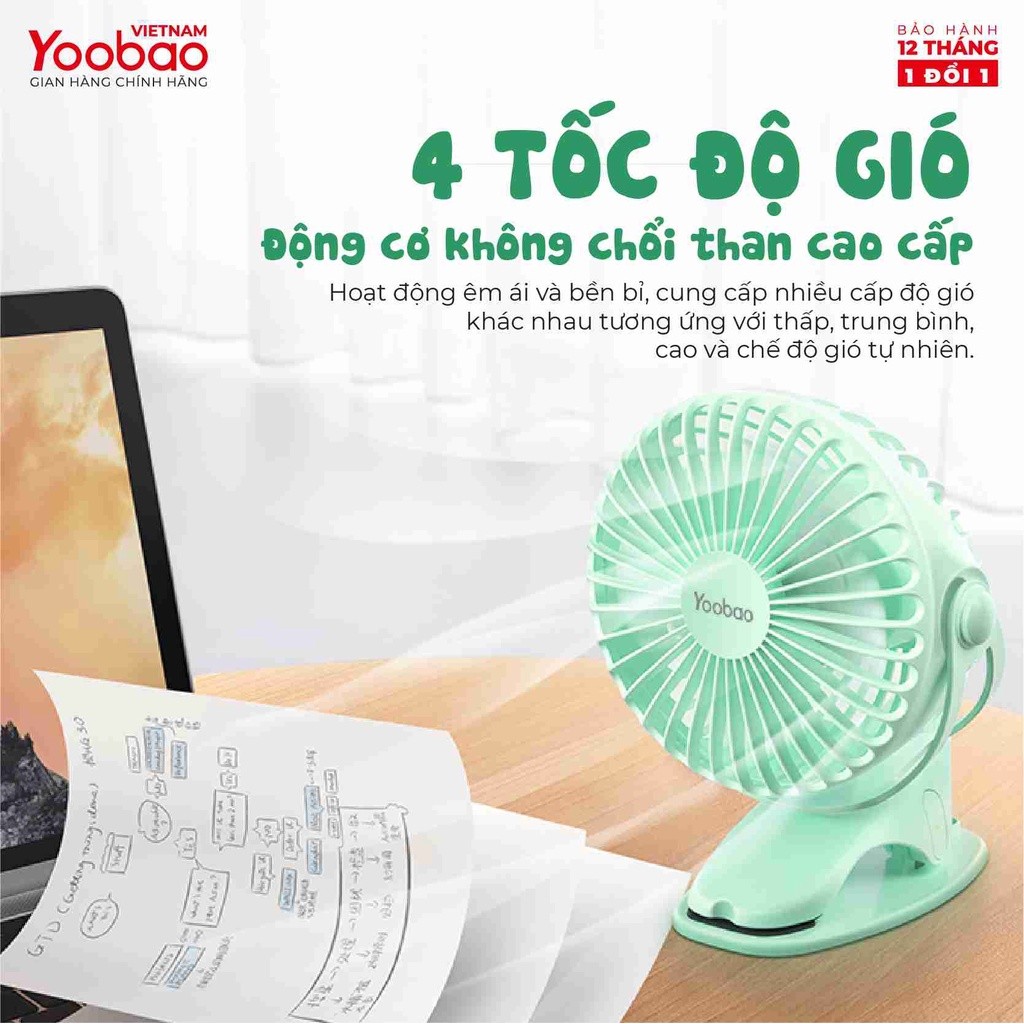 Mô tả Quạt sạc mini để bàn/ kẹp nôi YOOBAO F04 2500mAh Xoay 720 độ Chạy 16 giờ liên tục | Bảo hành 12 tháng - 3