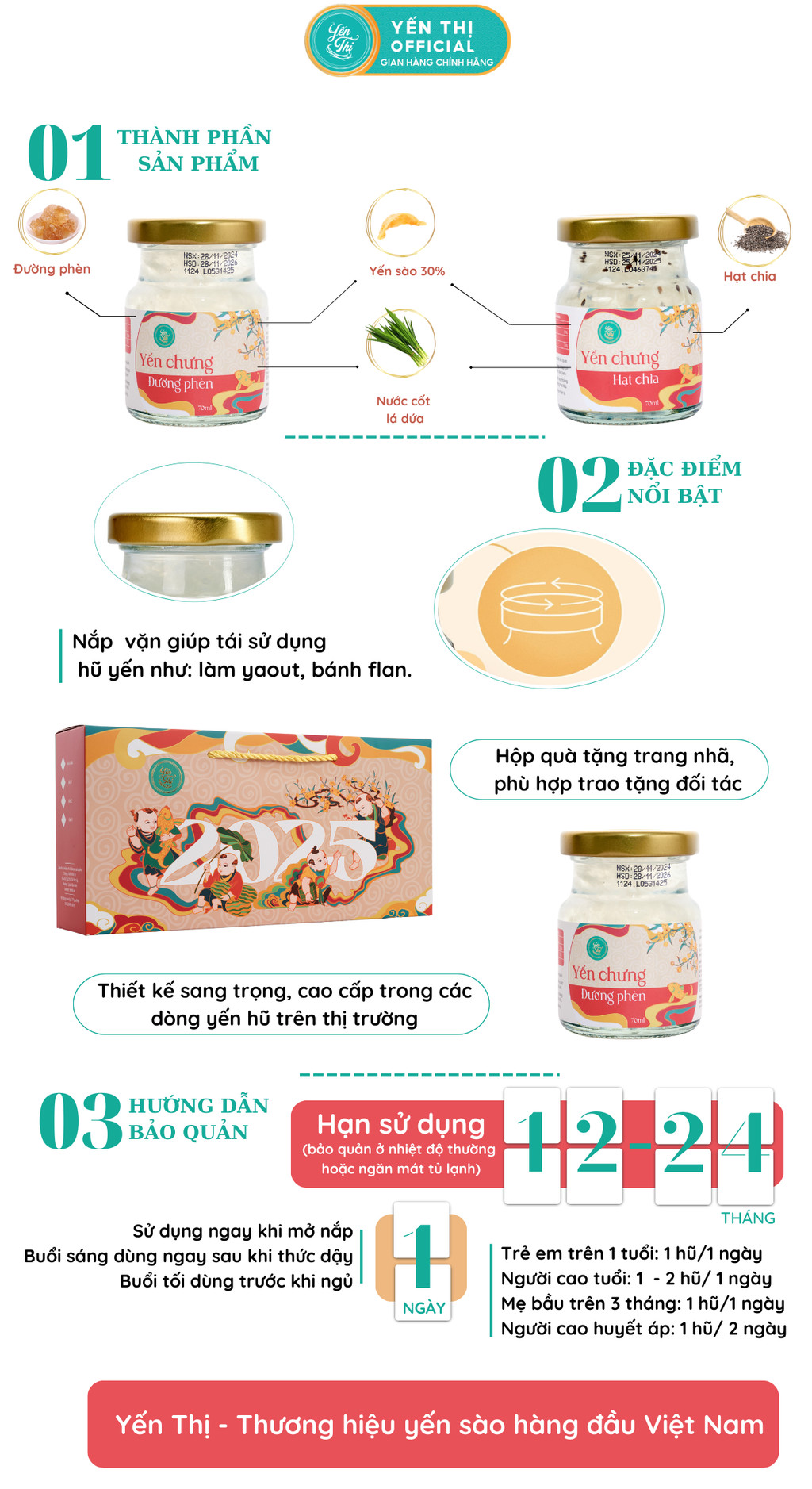 Mô tả Yến Thị - Gói quà tặng dành cho người bầu - Yến sào Khánh Hòa chưng sẵn - 30% yến thô/ hũ 70ml - 1