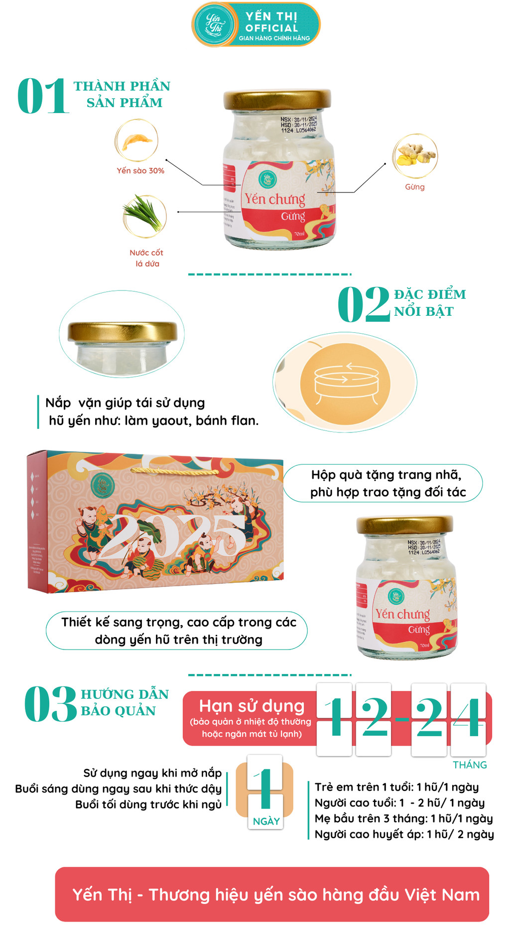 Mô tả Yến Thị - Chưng vị gừng - Yến sào Khánh Hòa chưng sẵn - 30% yến thô/ hũ 70ml - 1