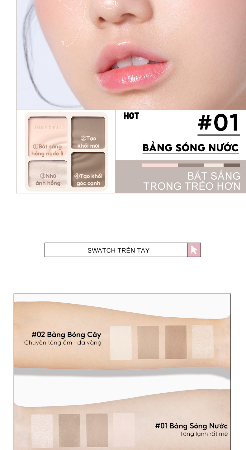 Mô tả Bảng Tạo Khối Bắt Sáng 4 Ô JUDYDOLL & Bảng Má Hồng 4 Ô JUDYDOLL Mỏng Nhẹ Lên Màu Tự Nhiên Mịn Da - 3