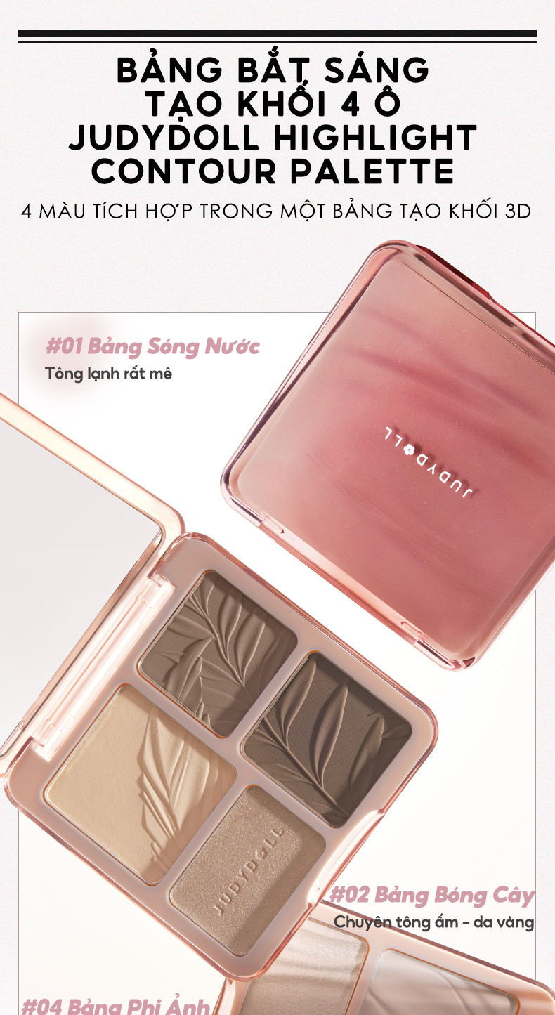 Mô tả Bảng Phấn Bắt Sáng Tạo Khối JUDYDOLL 9g Lâu Trôi Lên Màu Chuẩn Tự Nhiên Mịn Màng Hiệu Ứng 3D Bắt Sáng Màu Bóng 4 Trong 1 - 1