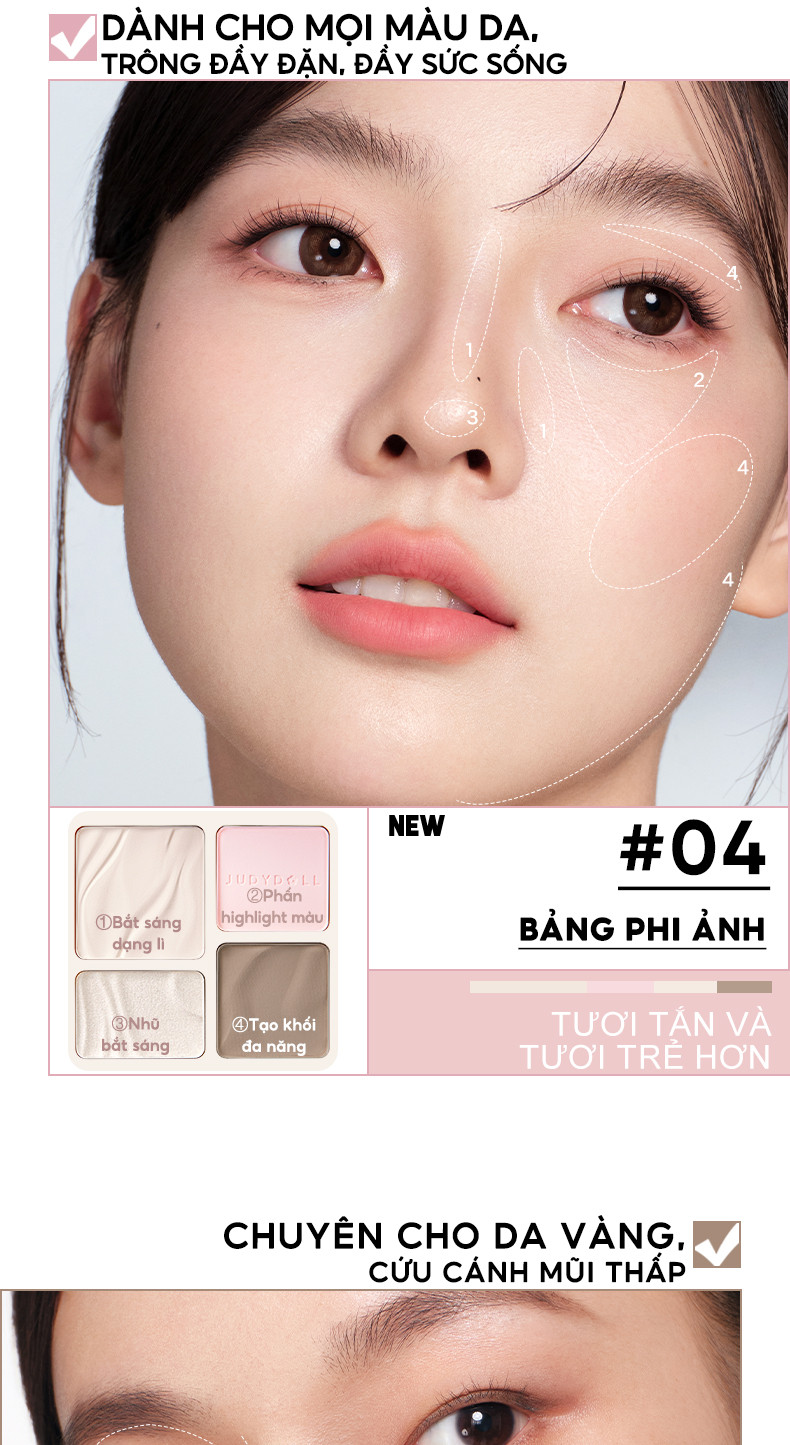 Mô tả Bảng Phấn Bắt Sáng Tạo Khối JUDYDOLL 9g Lâu Trôi Lên Màu Chuẩn Tự Nhiên Mịn Màng Hiệu Ứng 3D Bắt Sáng Màu Bóng 4 Trong 1 - 5