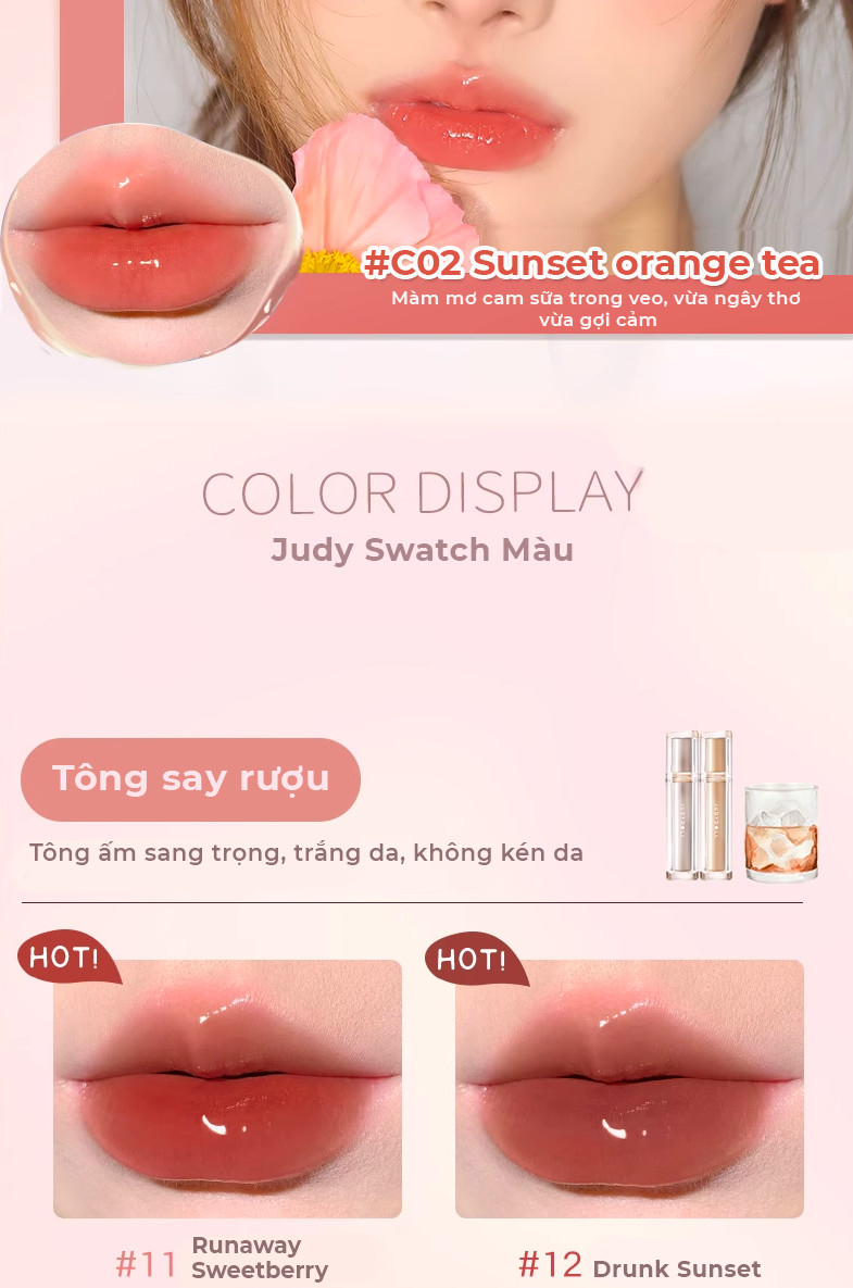 Mô tả Son Tint Bóng JUDYDOLL Trà Đá 1.8g Căng Bóng Mọng Nước Ẩm Mượt Môi Siêu Lì Bền Màu Tạo Hiệu Ứng Tráng Gương - 10