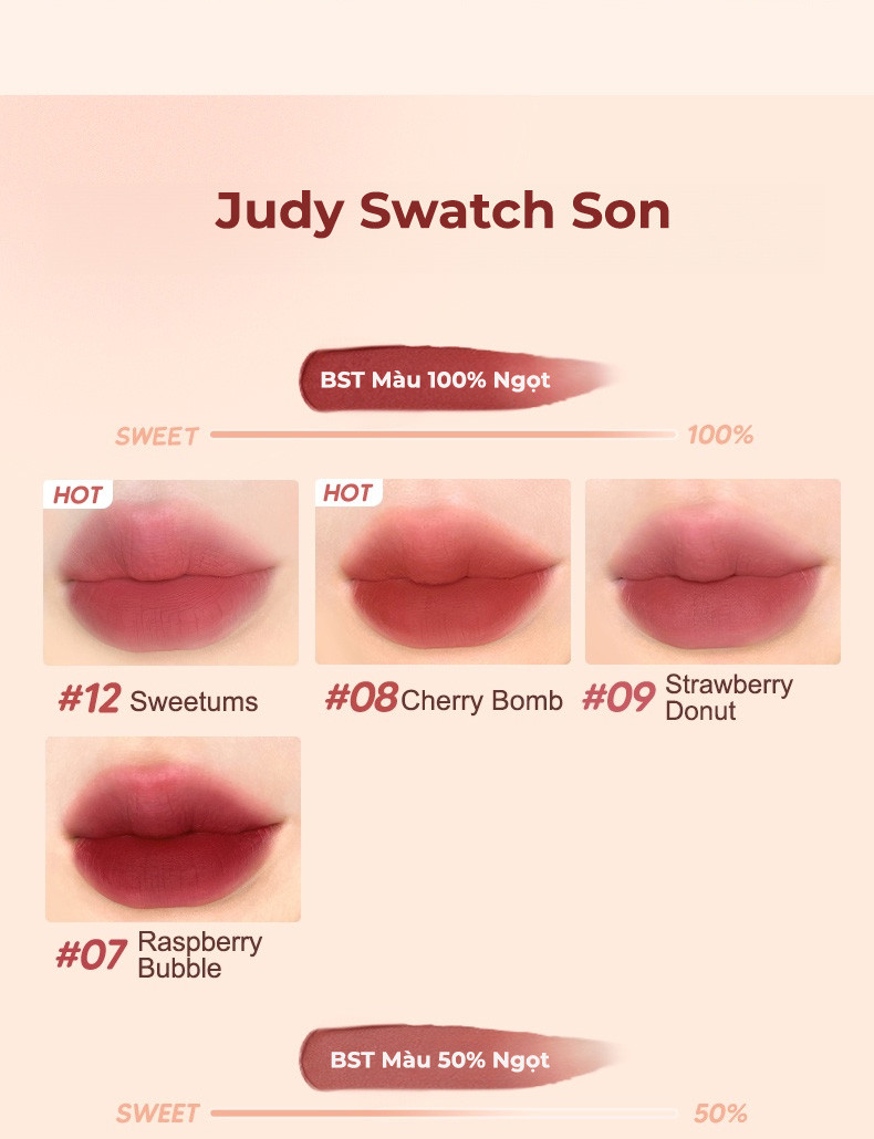 Mô tả Son Kem Lì JUDYDOLL Marshmallow Lâu Trôi Bền Màu Mềm Nhẹ 2.8g - 10