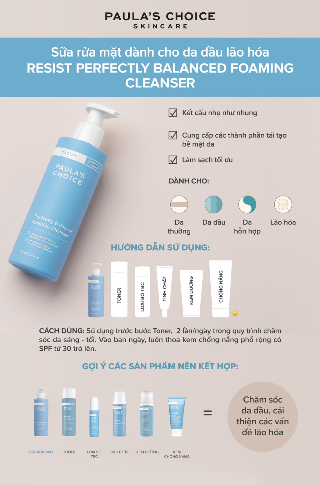 Mô tả Sữa rửa mặt cân bằng da hoàn hảo Paula's Choice Resist Perfectly Balanced Foaming Cleanser 190ml mã: 7830 - 1