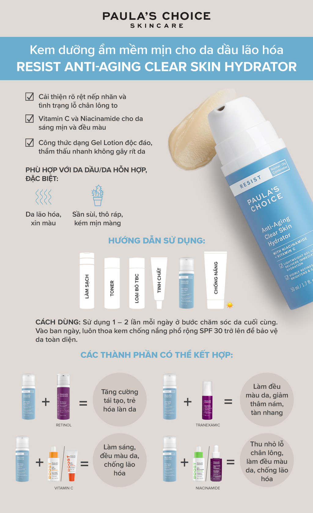 Mô tả Kem dưỡng ẩm da dầu lão hóa Paula's Choice AntiAging Clear Skin Hydrator 50ml 7691 - 1