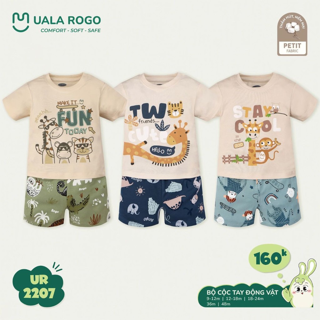 Mô tả Đồ bộ bé trai Ualarogo cộc tay 9 tháng - 4 tuổi vải Petit mềm mịn co giãn thoáng khí 2207 - 1