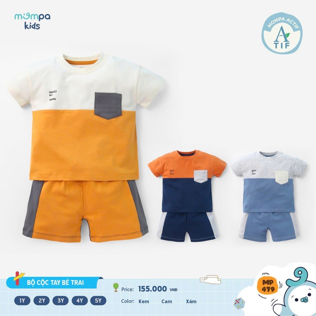Mô tả Bộ cộc tay bé trai Mompa 1-5 tuổi vải Cotton Actif thoáng mát mềm mại co giãn 479 - 1