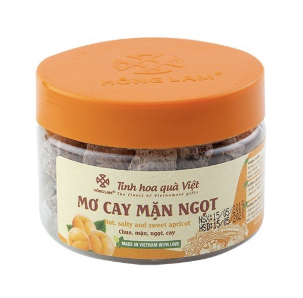 Mô tả Ô mai (xí muội) mơ cay mặn ngọt Hồng Lam dạng hộp và gói. Có vị cay, mặn, ngọt chua - 2