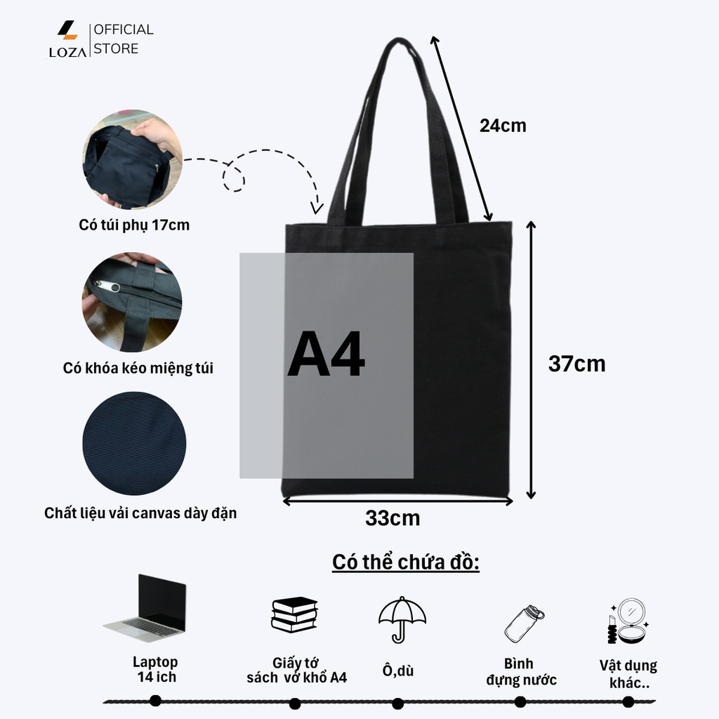 Mô tả Túi Tote Tôi yêu Việt Nam  - Túi vải canvas có túi phụ và khoá kéo đựng vừa A4 và laptop (33x37cm) - TOTE21 - 1