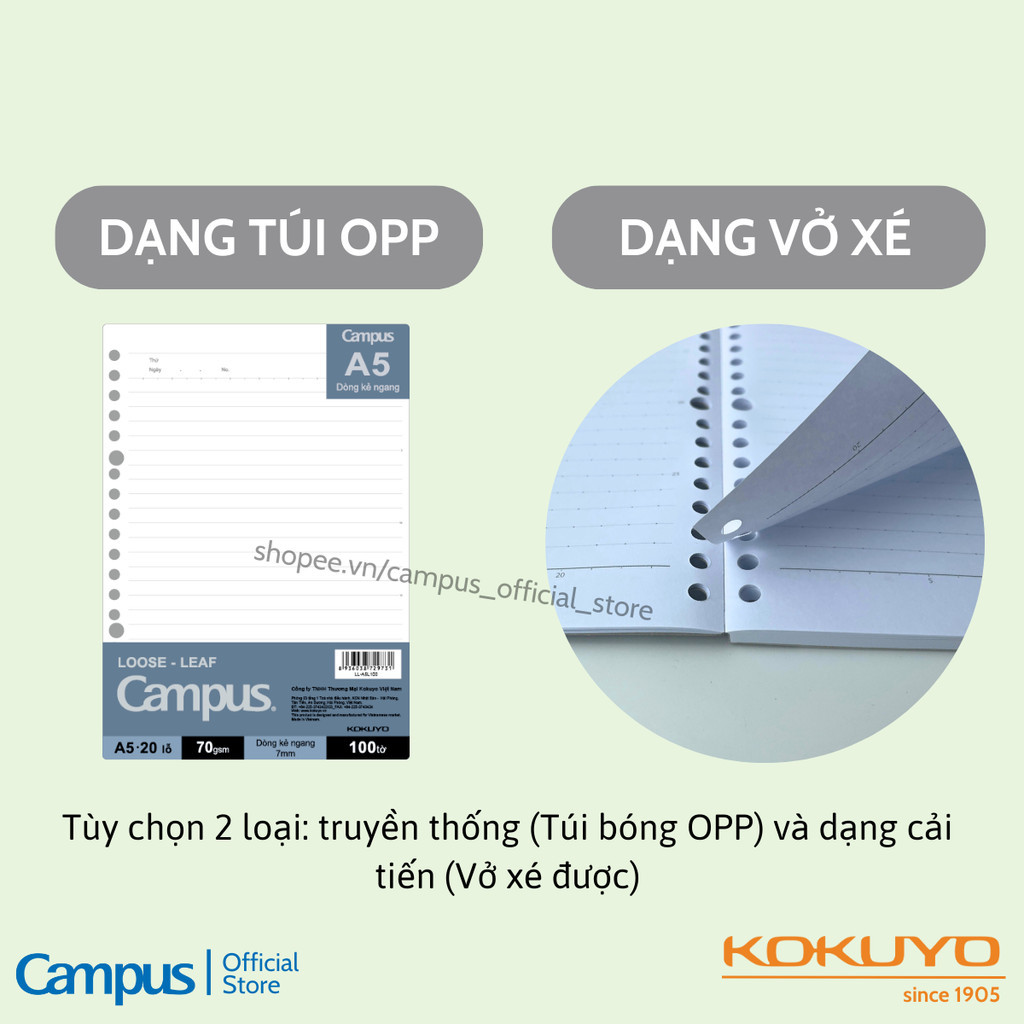 Mô tả Giấy Đục Lỗ Loose-Leaf Binder Refill (Dạng Vở Xé & Dạng Túi) Ruột Sổ Còng A5/B5 50/100 Tờ Chính Hãng Campus - 2