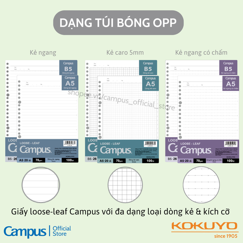 Mô tả Giấy Đục Lỗ Loose-Leaf Binder Refill (Dạng Vở Xé & Dạng Túi) Ruột Sổ Còng A5/B5 50/100 Tờ Chính Hãng Campus - 3
