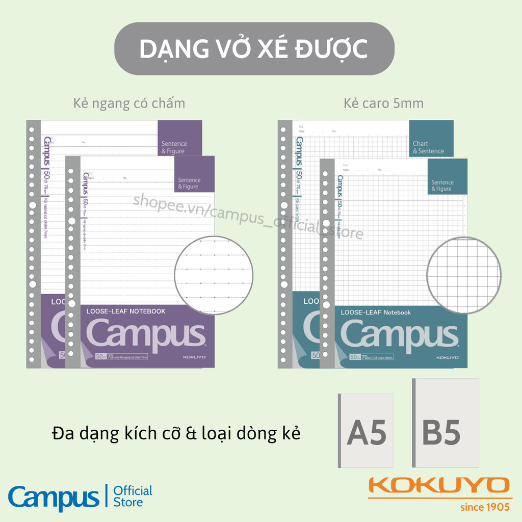 Mô tả Giấy Đục Lỗ Loose-Leaf Binder Refill (Dạng Vở Xé & Dạng Túi) Ruột Sổ Còng A5/B5 50/100 Tờ Chính Hãng Campus - 4