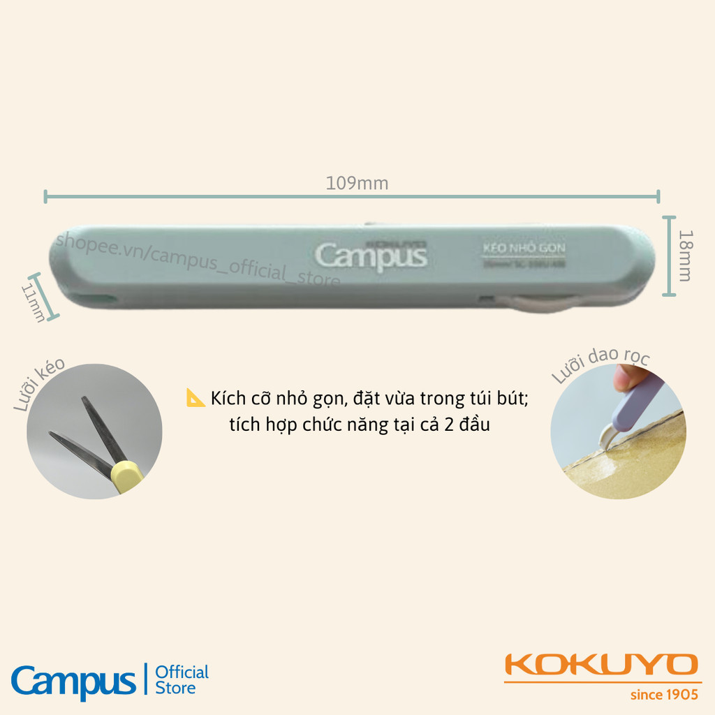 Mô tả Kéo Mini Đa Năng Gấp Gọn Thép Không Gỉ Series Kusumi Bổ Sung Đầu Rọc Carton Chính Hãng Campus - 2