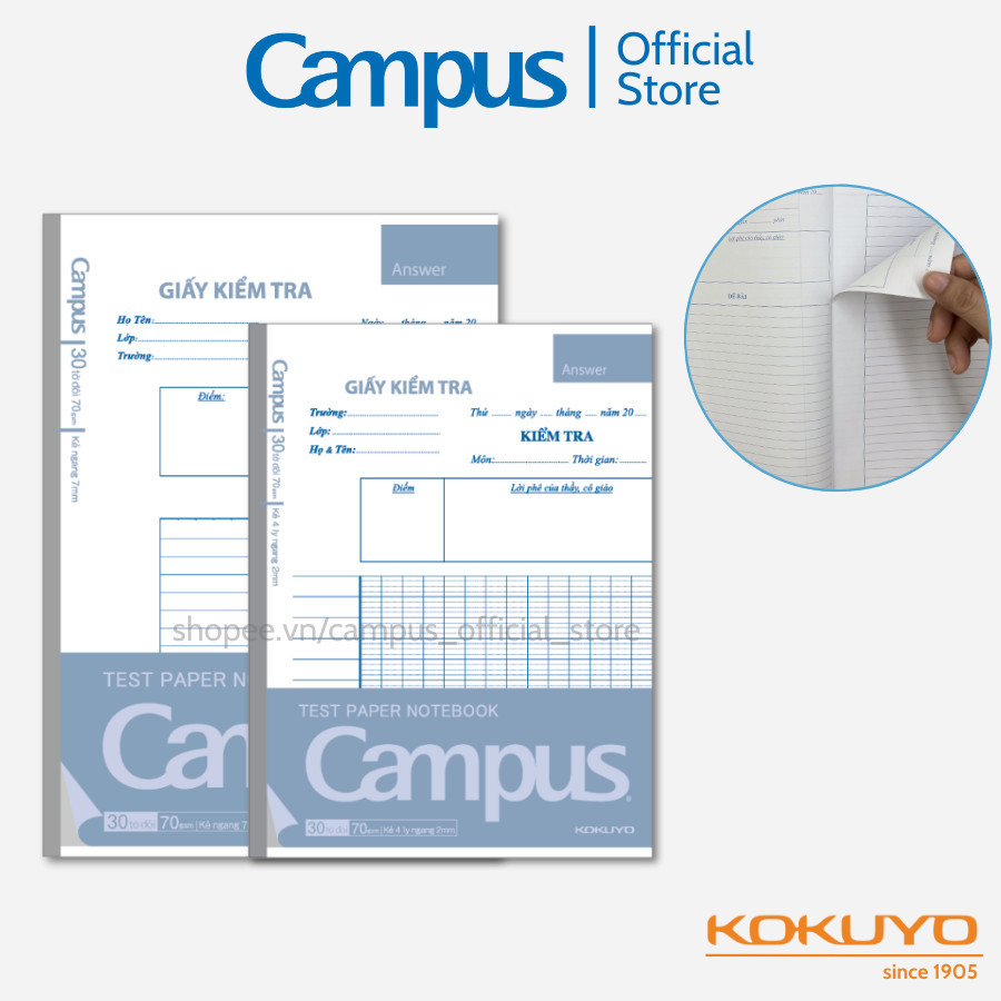 Mô tả Giấy Kiểm Tra Dạng Vở Xé, SL 30 tờ đôi, A5/B5, kẻ ngang/4 ly ngang, ĐL 70gsm, Chính Hãng Campus - 1