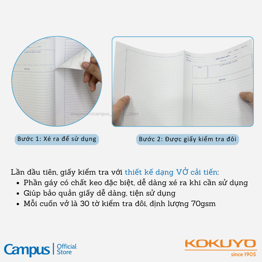 Mô tả Giấy Kiểm Tra Dạng Vở Xé, SL 30 tờ đôi, A5/B5, kẻ ngang/4 ly ngang, ĐL 70gsm, Chính Hãng Campus - 2