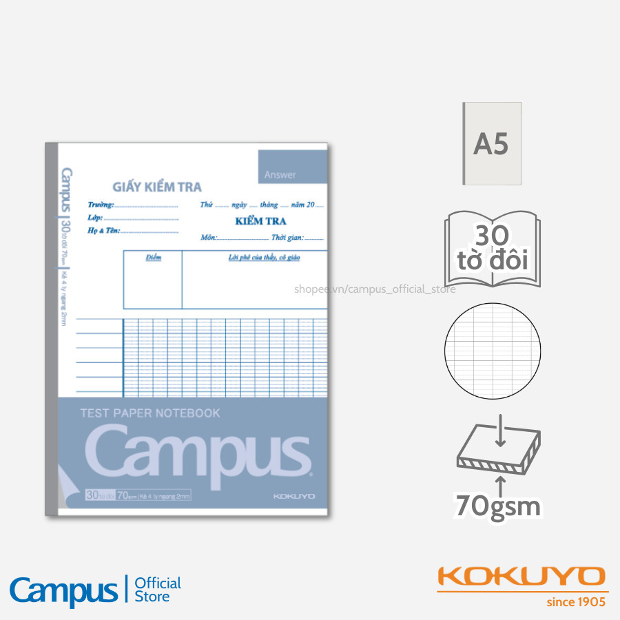 Mô tả Giấy Kiểm Tra Dạng Vở Xé, SL 30 tờ đôi, A5/B5, kẻ ngang/4 ly ngang, ĐL 70gsm, Chính Hãng Campus - 4