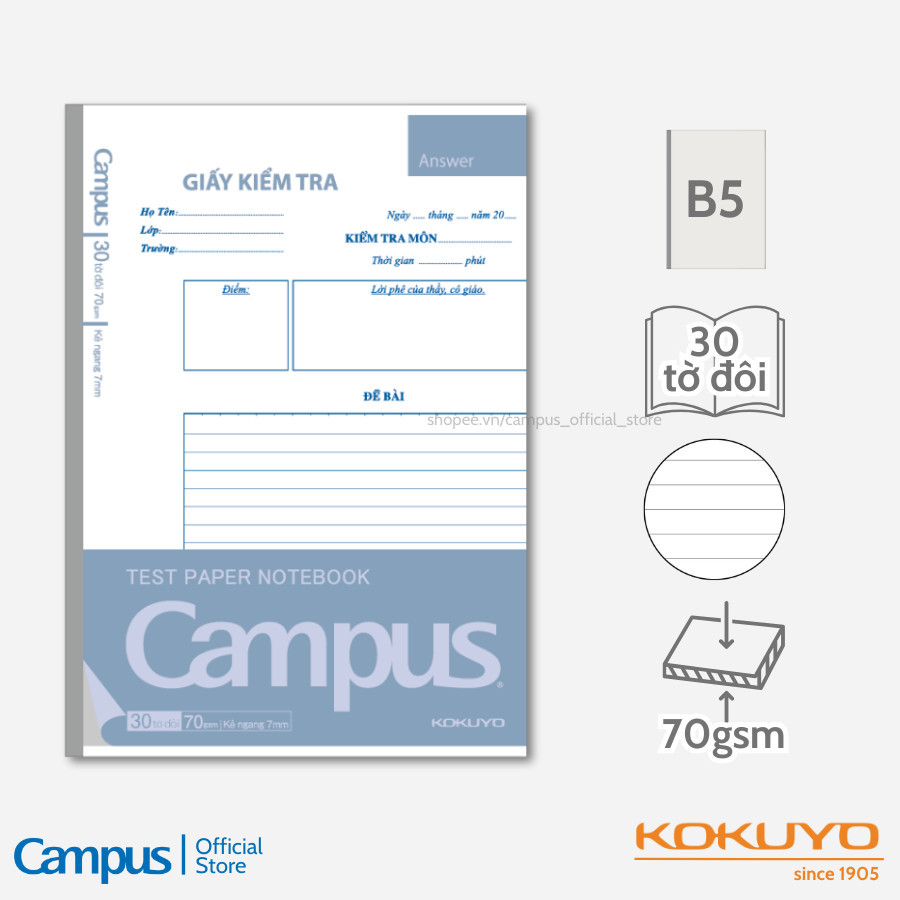 Mô tả Giấy Kiểm Tra Dạng Vở Xé, SL 30 tờ đôi, A5/B5, kẻ ngang/4 ly ngang, ĐL 70gsm, Chính Hãng Campus - 5