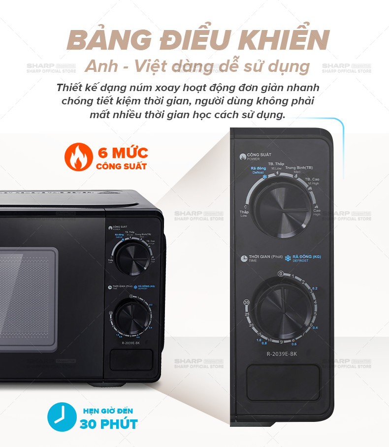 Mô tả Lò vi sóng dòng Cơ Sharp R-2039E-BK - Dung tích 20L, công suất 700W - 1