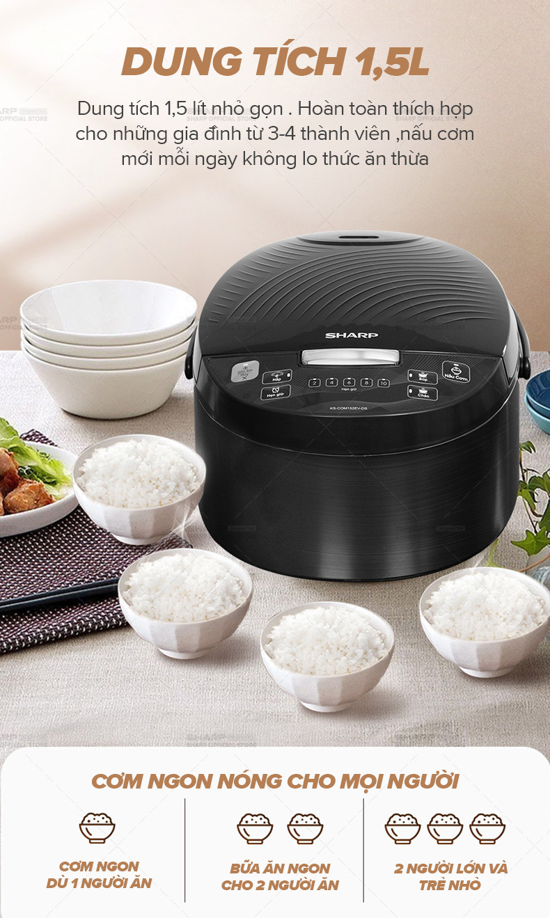 Mô tả Nồi Cơm Điện Tử Sharp KS-COM152EV-DS Dung tích 1.5L, 4 Chức năng nấu, Lòng nồi 5 lớp - 6
