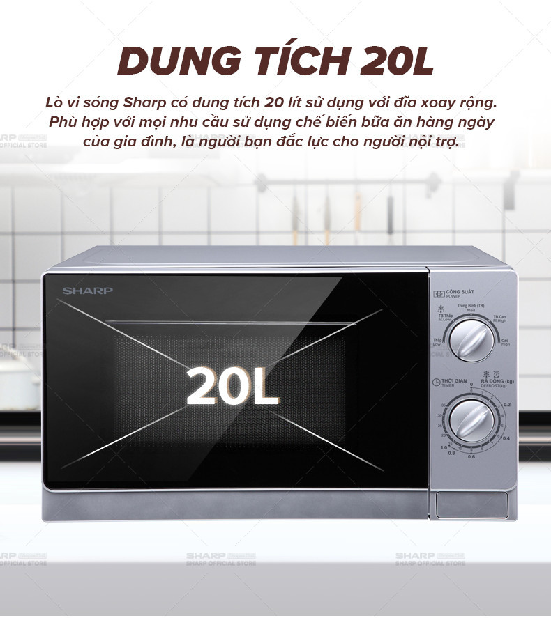 Mô tả Lò Vi Sóng Cơ Sharp R-202VN-S/R-203VN-M/R-205VN-S [800W + 5 mức công suất + Hẹn giờ 35p - Bảo hành chính hãng 12 tháng - 3