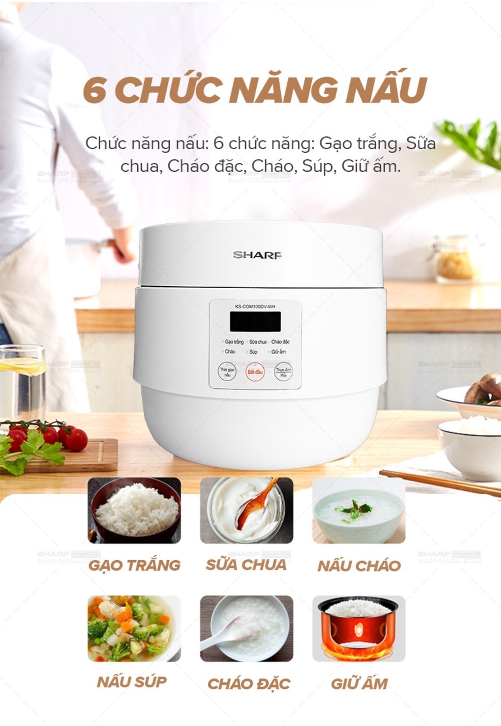 Mô tả Nồi Cơm Điện Sharp KS-COM100DV-WH 1L 600W [Hẹn giờ, mâm nhiệt 3D, 6 chức năng nấu - 3