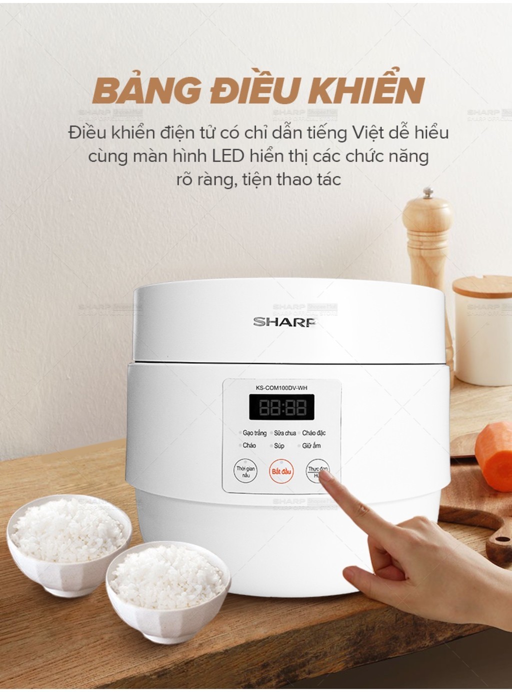 Mô tả Nồi Cơm Điện Sharp KS-COM100DV-WH 1L 600W [Hẹn giờ, mâm nhiệt 3D, 6 chức năng nấu - 6